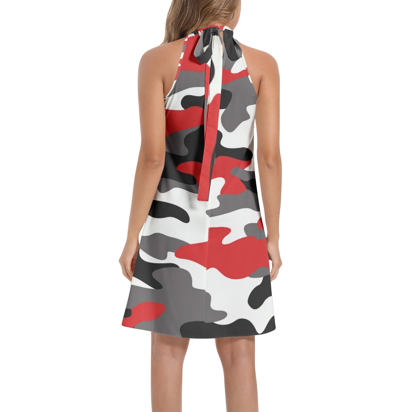 Flared Camo Dress | Halter Neck | Red, Black and White