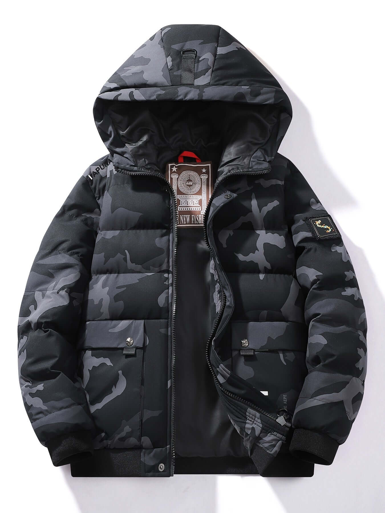 Red / Grey Men's Hooded Camo Puffer Jacket | Regular Fit