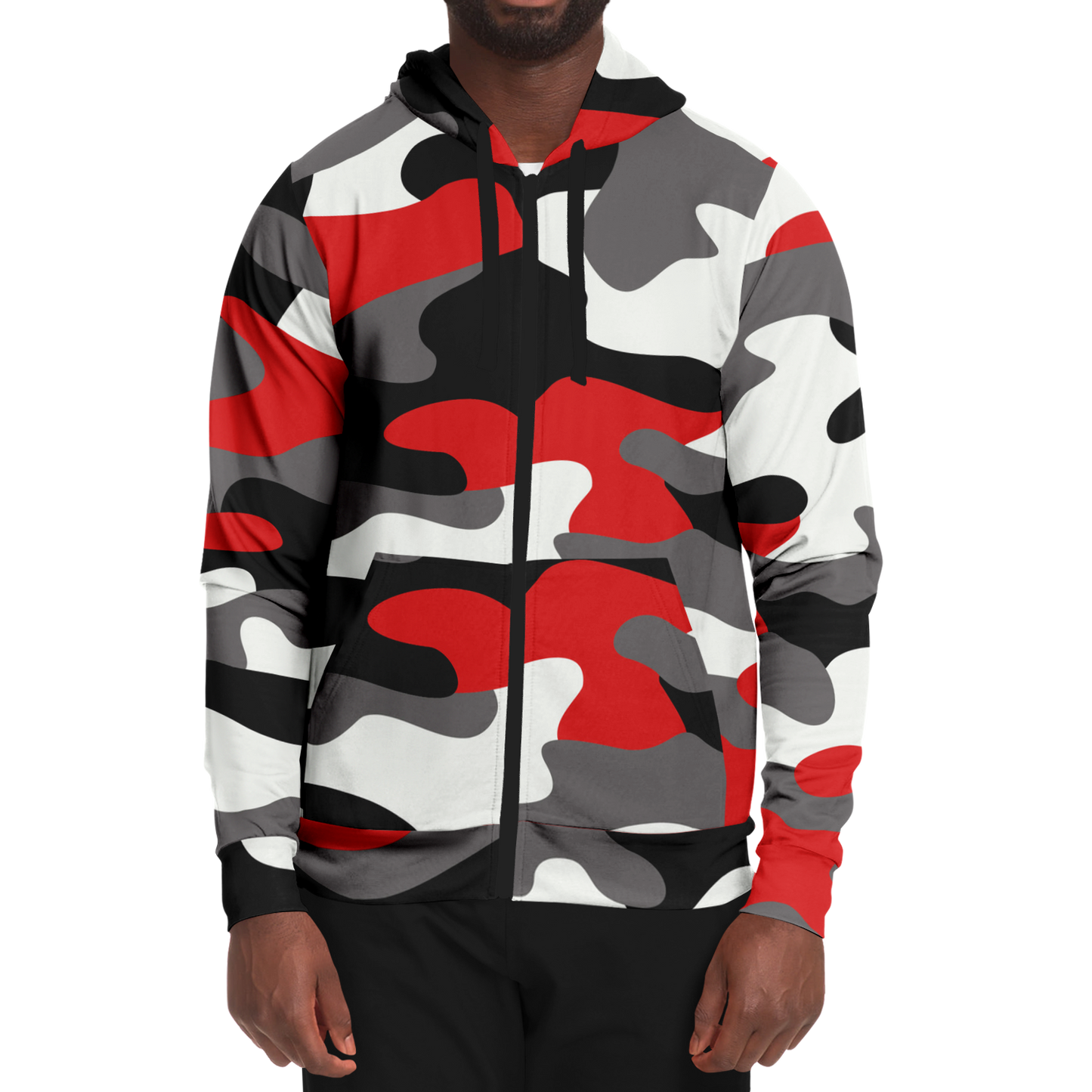 Zip-Up Hoodie | Red, Black, and White Camouflage