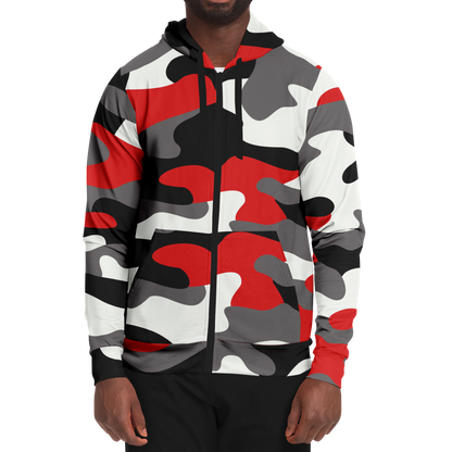 Zip-Up Hoodie | Red, Black, and White Camouflage