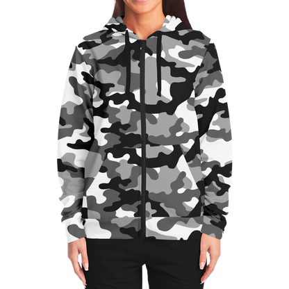 Zip-Up Hoodie | Gray, Black & White Camouflage