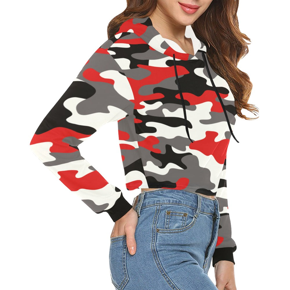 Cropped Camo Hoodie | Tight Fit | Red, Black, and White Camouflage