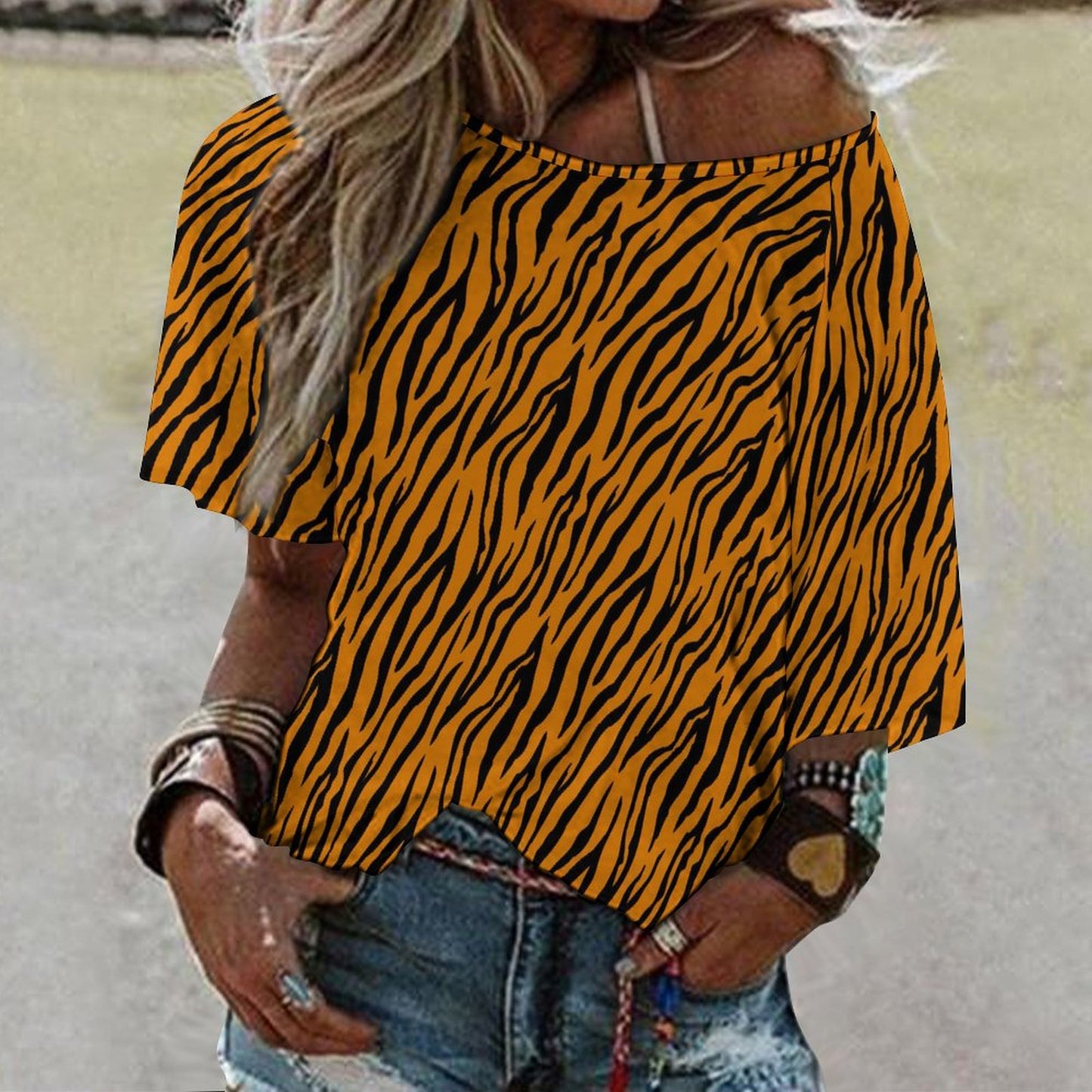 Off The Shoulder Top | Orange and Black Tiger Shirt