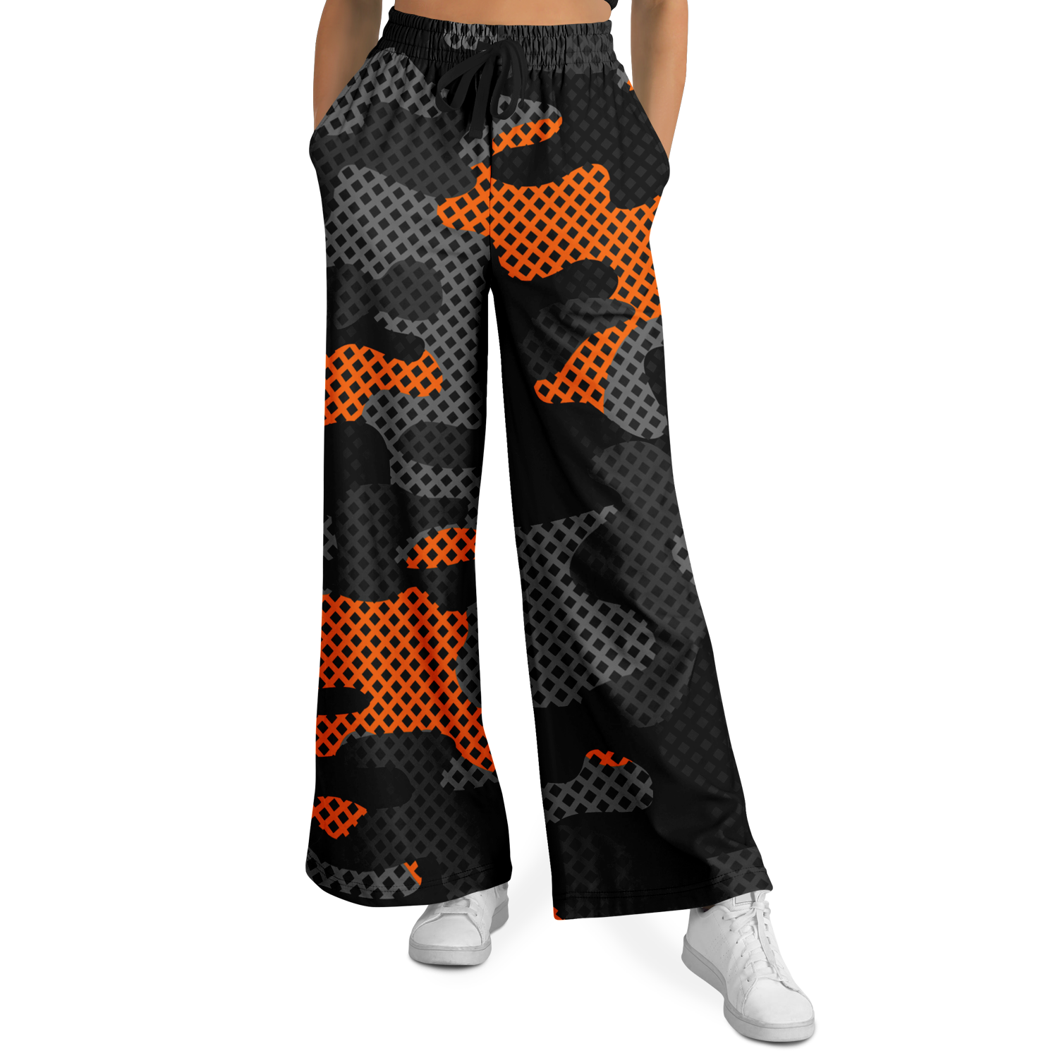 Camo Wide Leg Pants For Women | Black & Orange Pixel Pattern