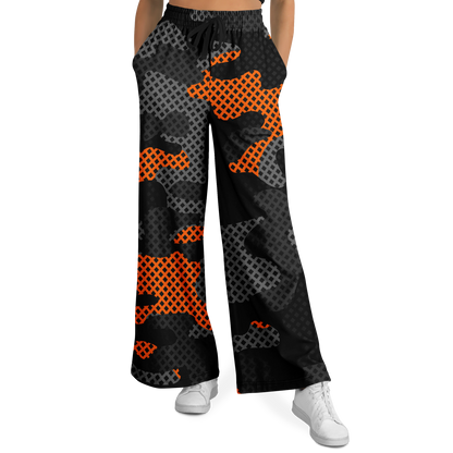 Camo Wide Leg Pants For Women | Black & Orange Pixel Pattern