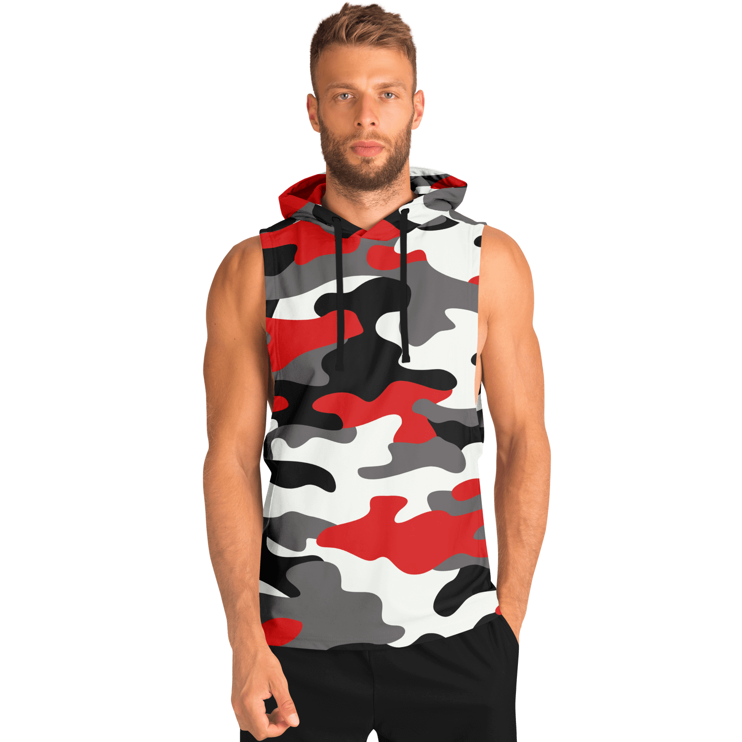 Sleeveless Hoodie | Red, Black & White Camouflage