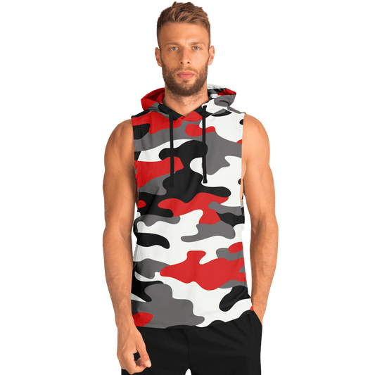 Sleeveless Hoodie | Red, Black & White Camouflage