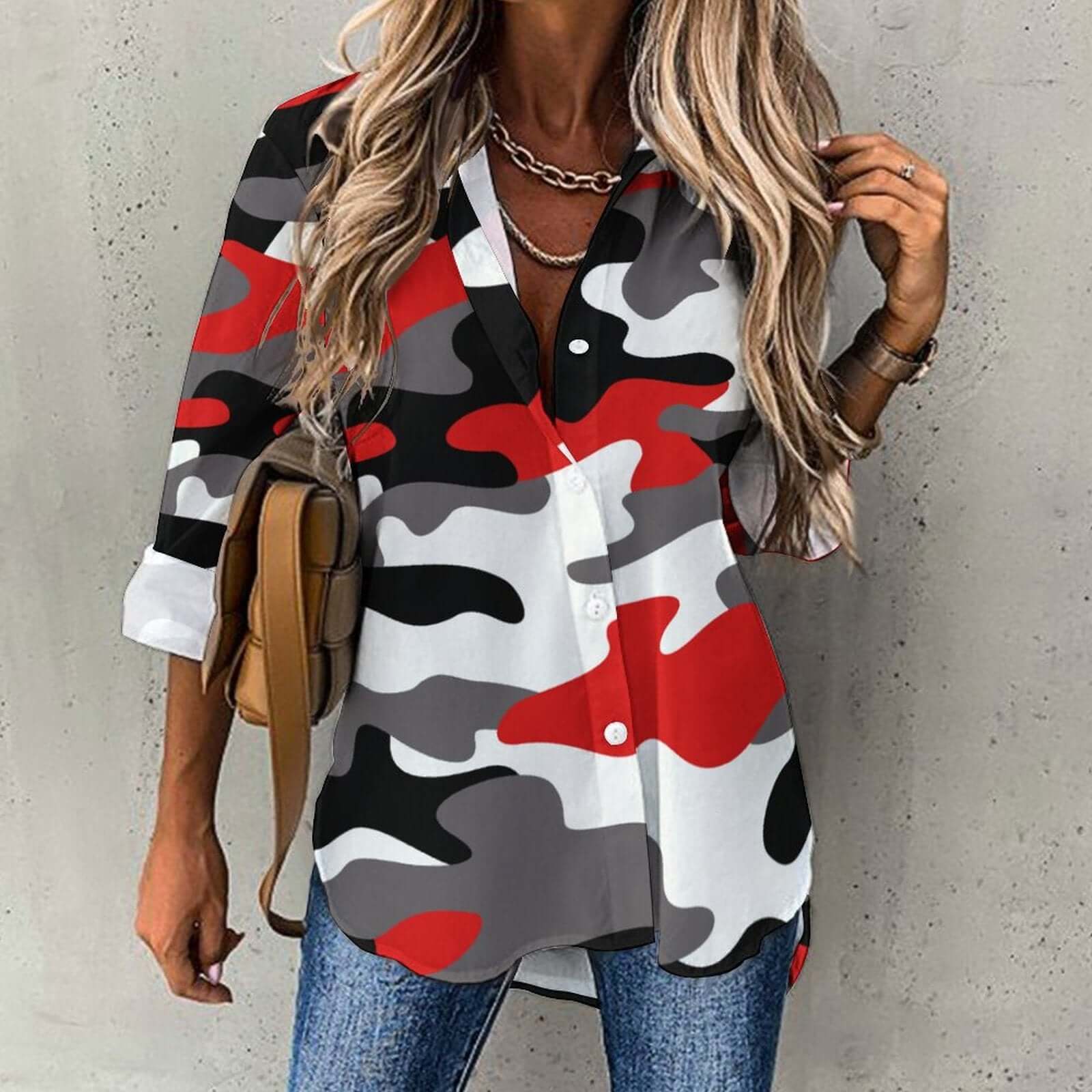 Women's Button-Up Camo Shirt | Red, Black & White