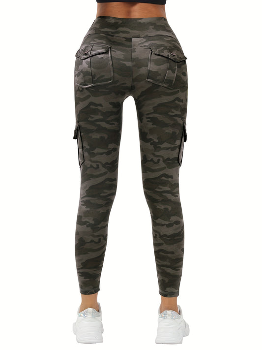 Camo High Waist Leggings, Casual Flap Pockets Skinny Stretchy Leggings