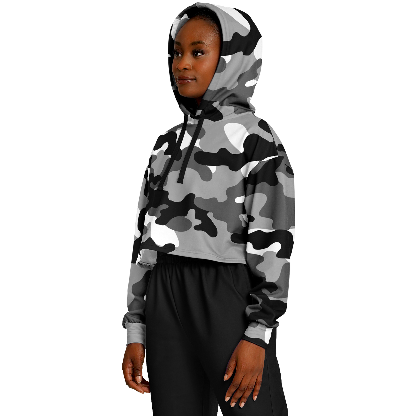 Cropped Hoodie For Women | Black, White & Gray Camouflage