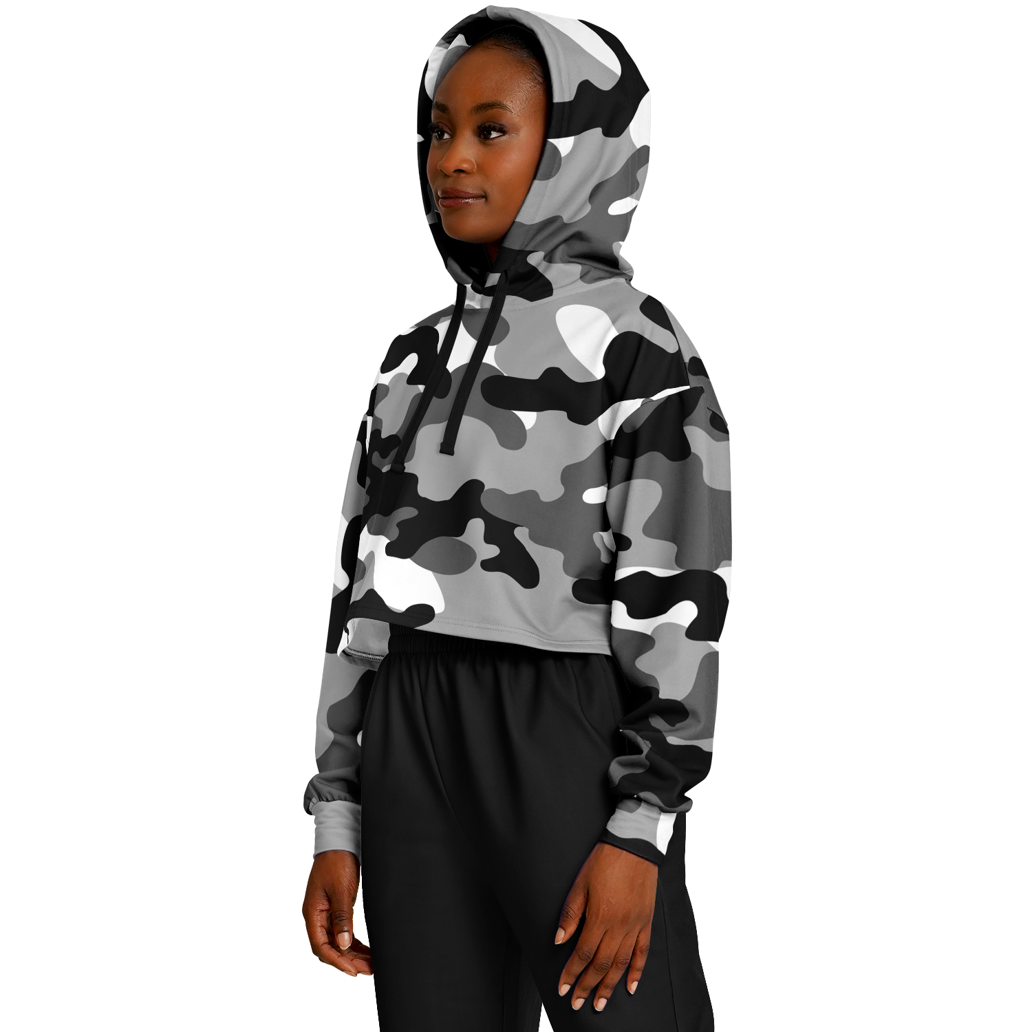 Cropped Hoodie For Women | Black, White & Gray Camouflage