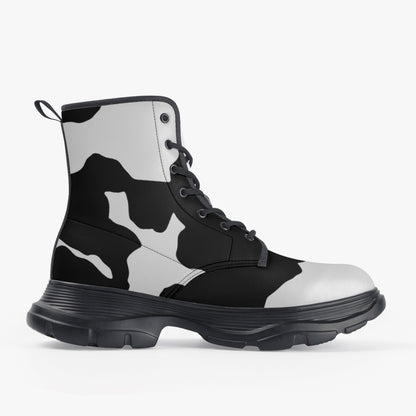 Chunky Boots | Leather in Black & White Cow Print Camouflage