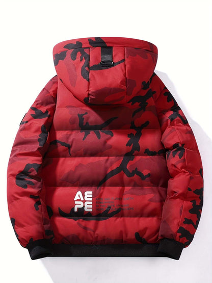 Red / Grey Men's Hooded Camo Puffer Jacket | Regular Fit