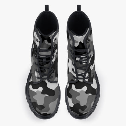 Chunky Boots | Leather in Gray, Black, & White Camouflage