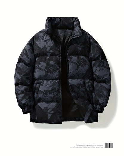 Men's Camo Hooded Puffer Jacket with Zip-Up Front