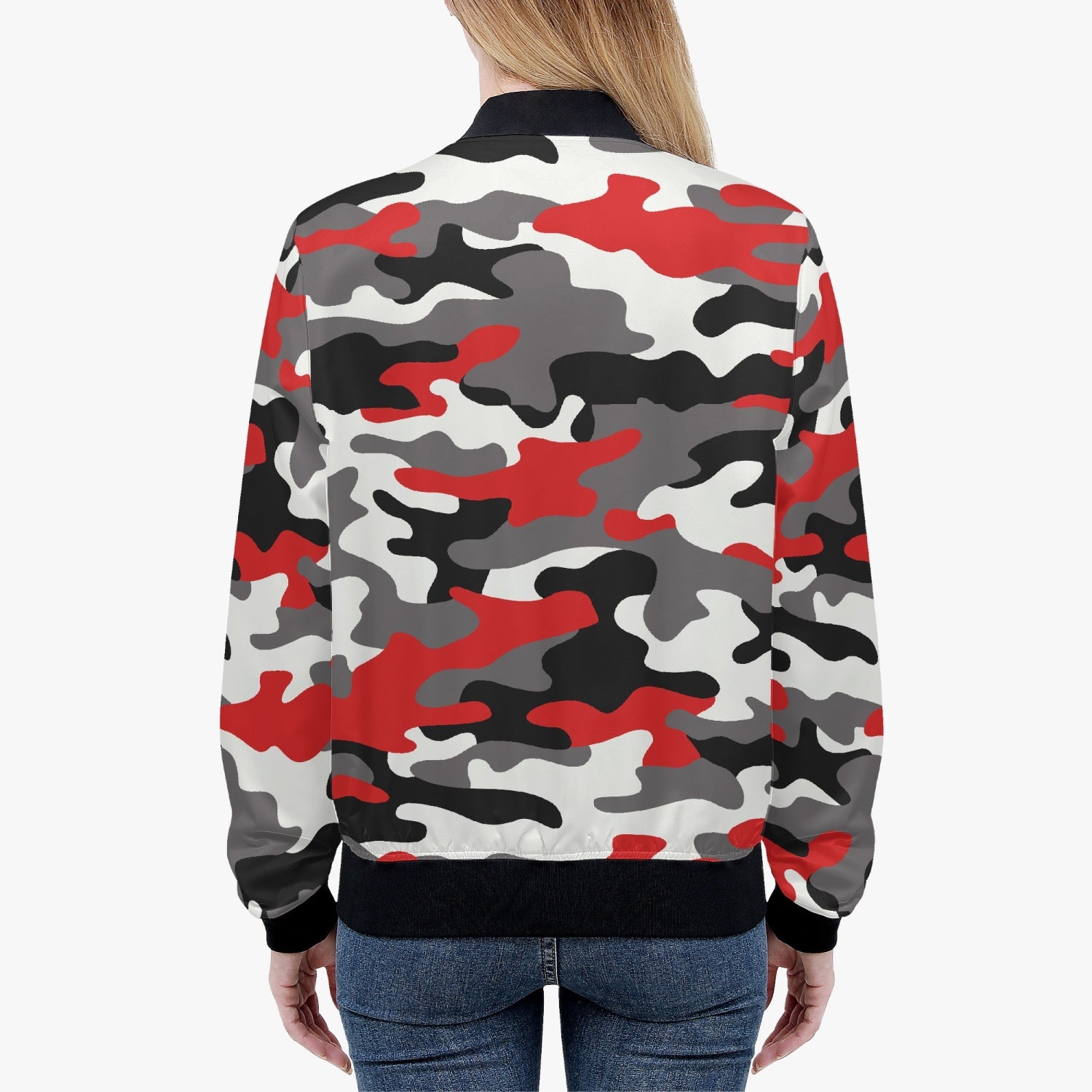 Women's Camo Bomber Jacket | Red, Black, and White