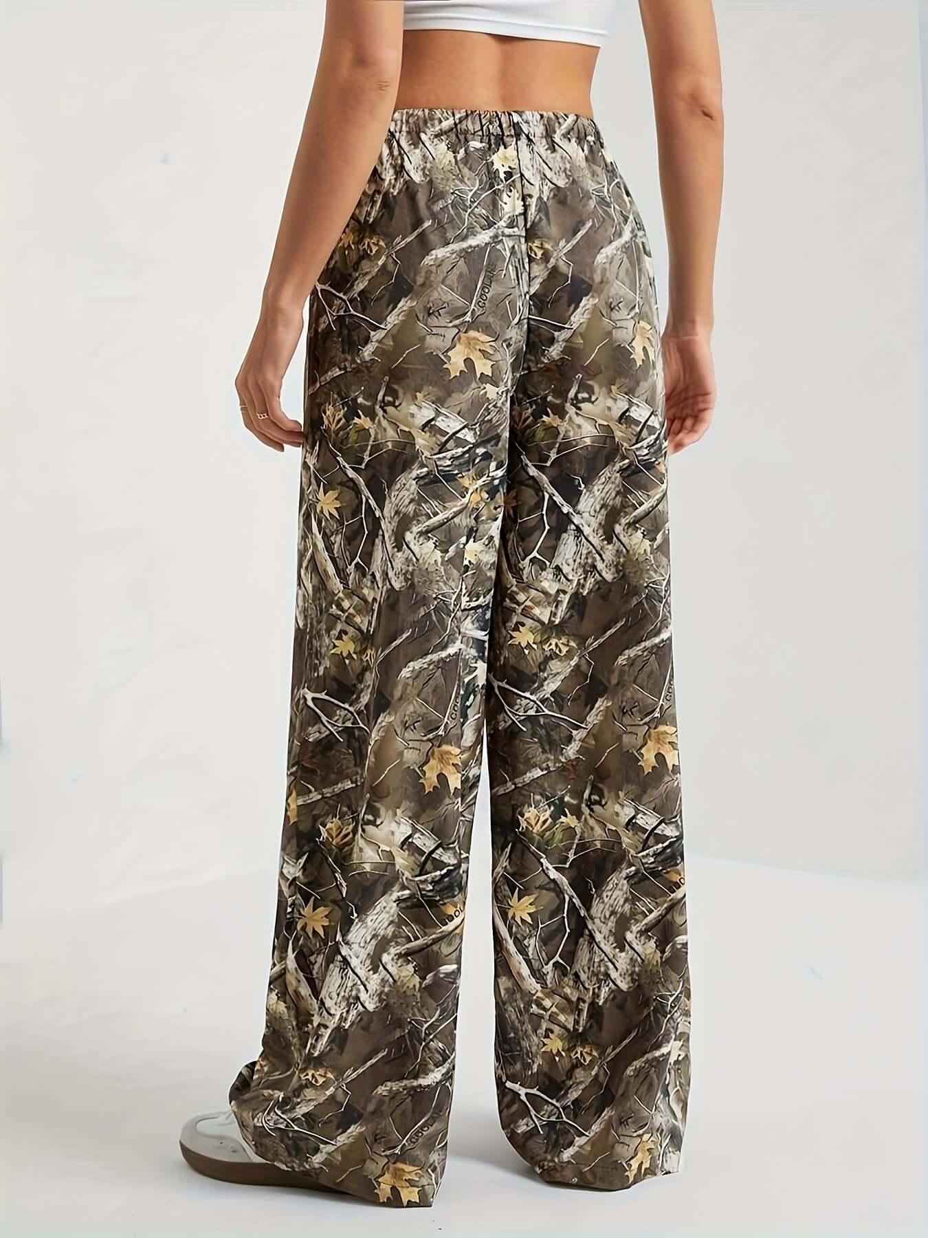 Army Green Plant Flower Camo Wide Leg Pants | Elastic Waist