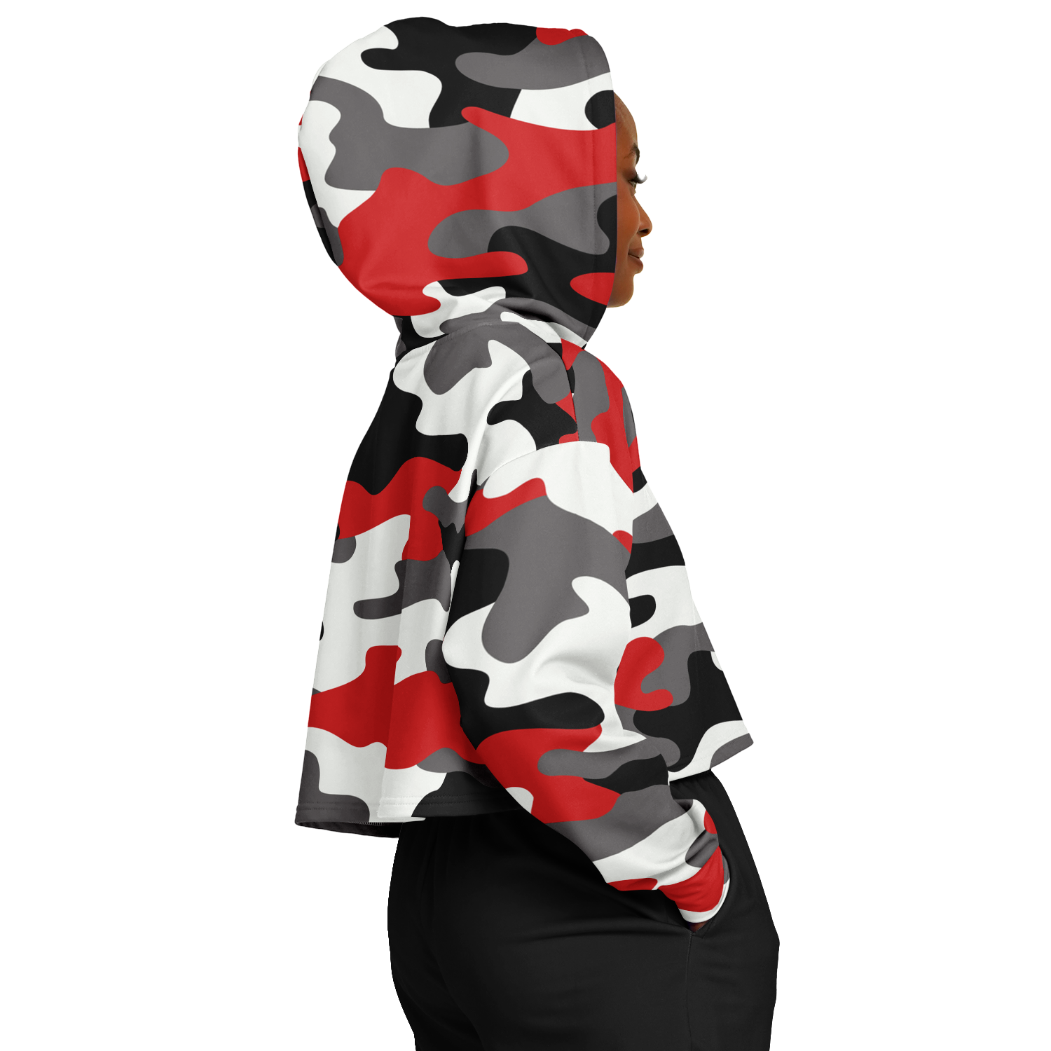 Cropped Hoodie For Women | Red, Black & White Camouflage