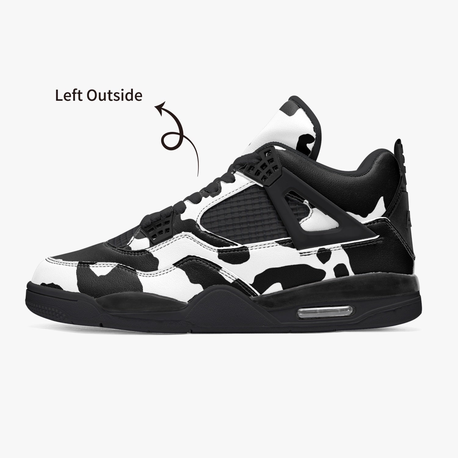 Camo Jordans AJ4 | Black and White Cow Print