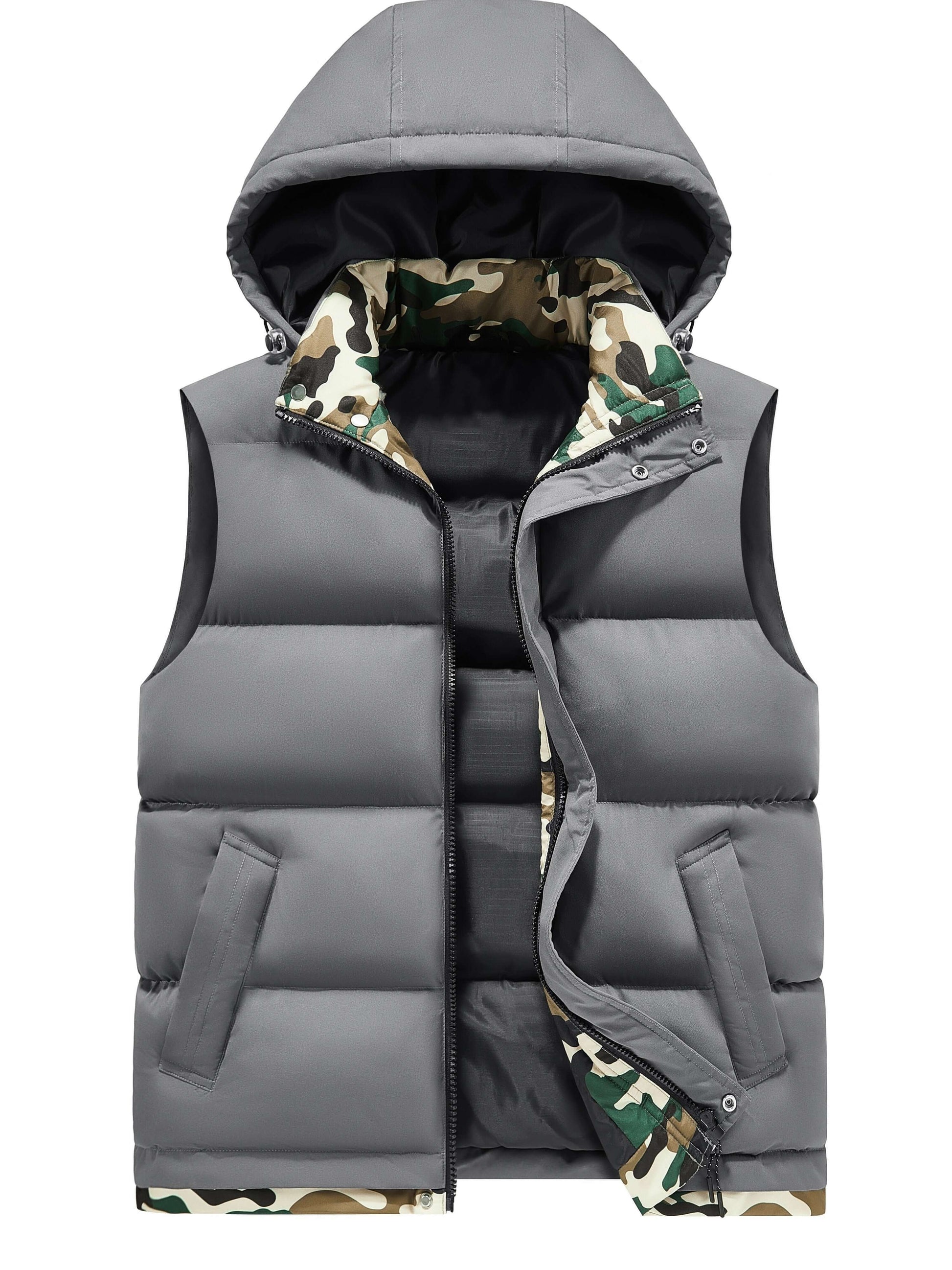 Men's Fleece-Lined Hooded Vest | Stylish Black and Camo Collar