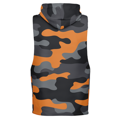 Sleeveless Hoodie | Orange, Gray & Black Camouflage