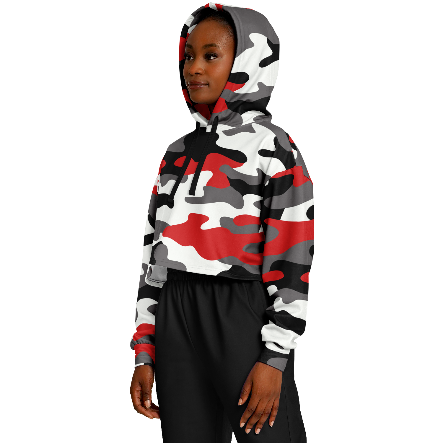 Cropped Hoodie For Women | Red, Black & White Camouflage