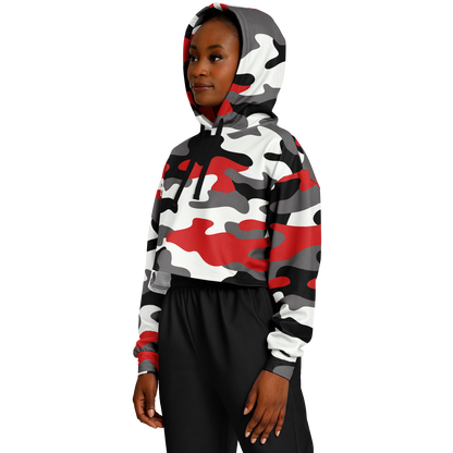 Cropped Hoodie For Women | Red, Black & White Camouflage