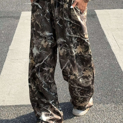 Leaf Print Wide Leg Pants | Casual High Waist Dual Pockets Trousers