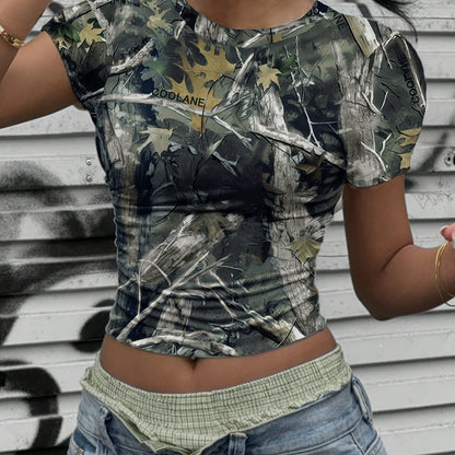 Women's Vintage Camo Print Crop Top | Round Neck T-Shirt