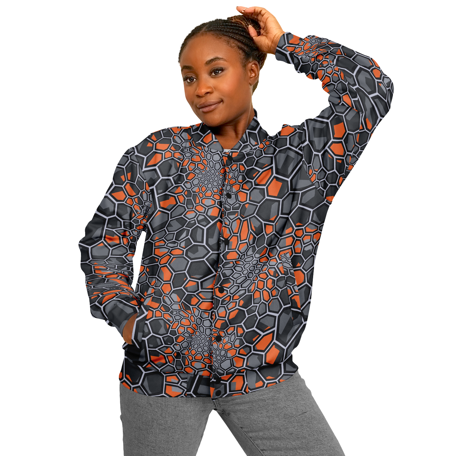 Baseball Jacket | Geometric Camo in Orange, Gray & Black