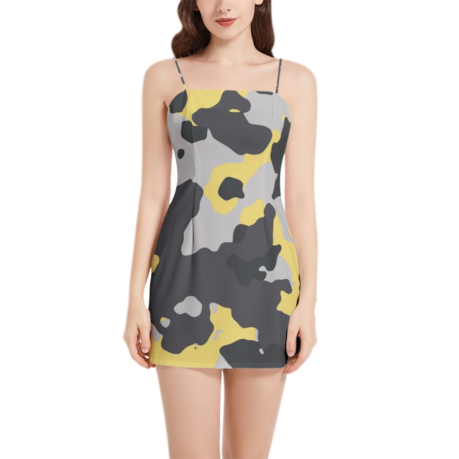 Camo Mini Dress | Spaghetti Strap | Yellow, Black, and Silver