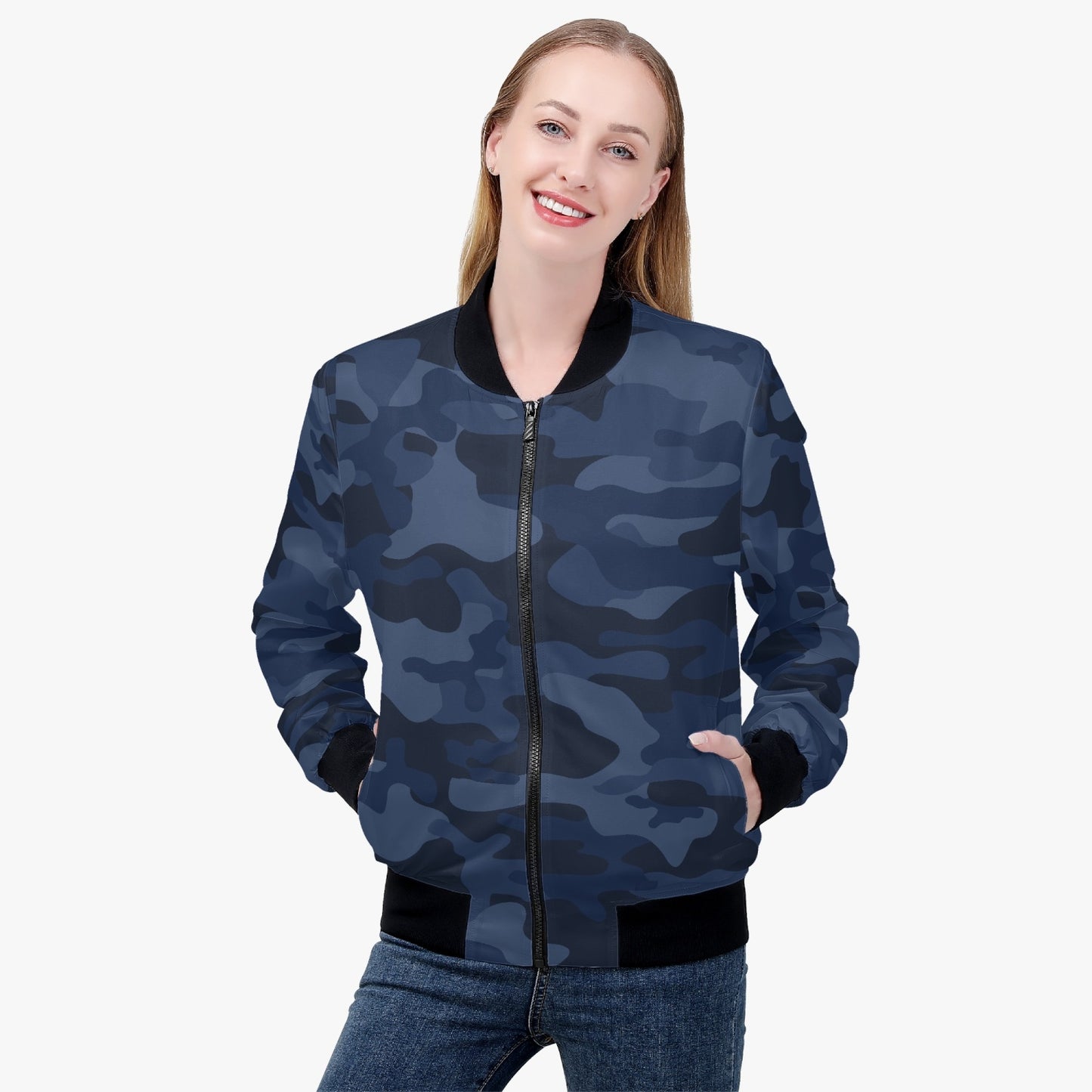 Women's Camo Bomber Jacket | Deep Blue Camouflage