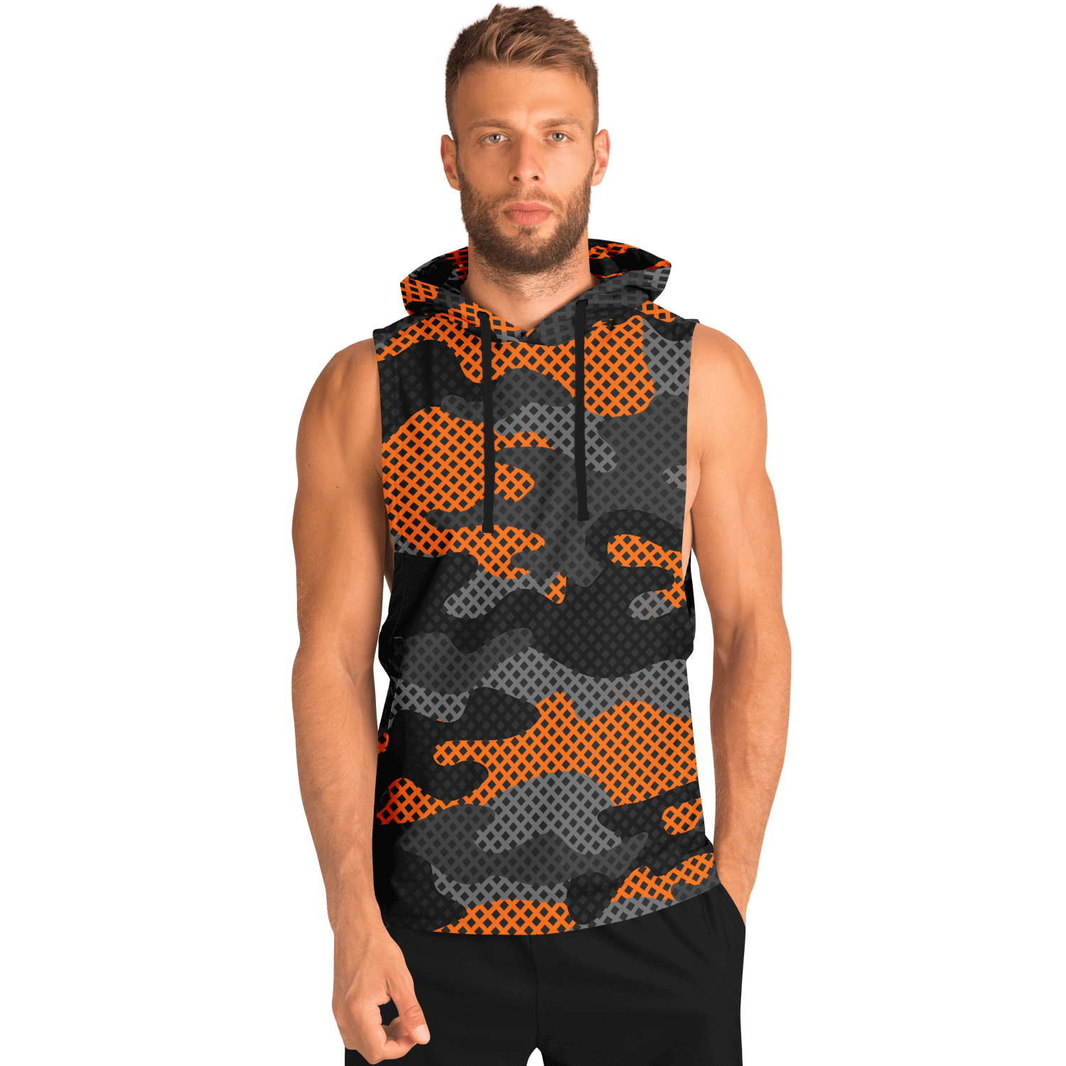 Sleeveless Hoodie | Black & Orange Pixel Camouflage