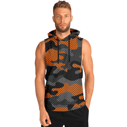 Sleeveless Hoodie | Black & Orange Pixel Camouflage