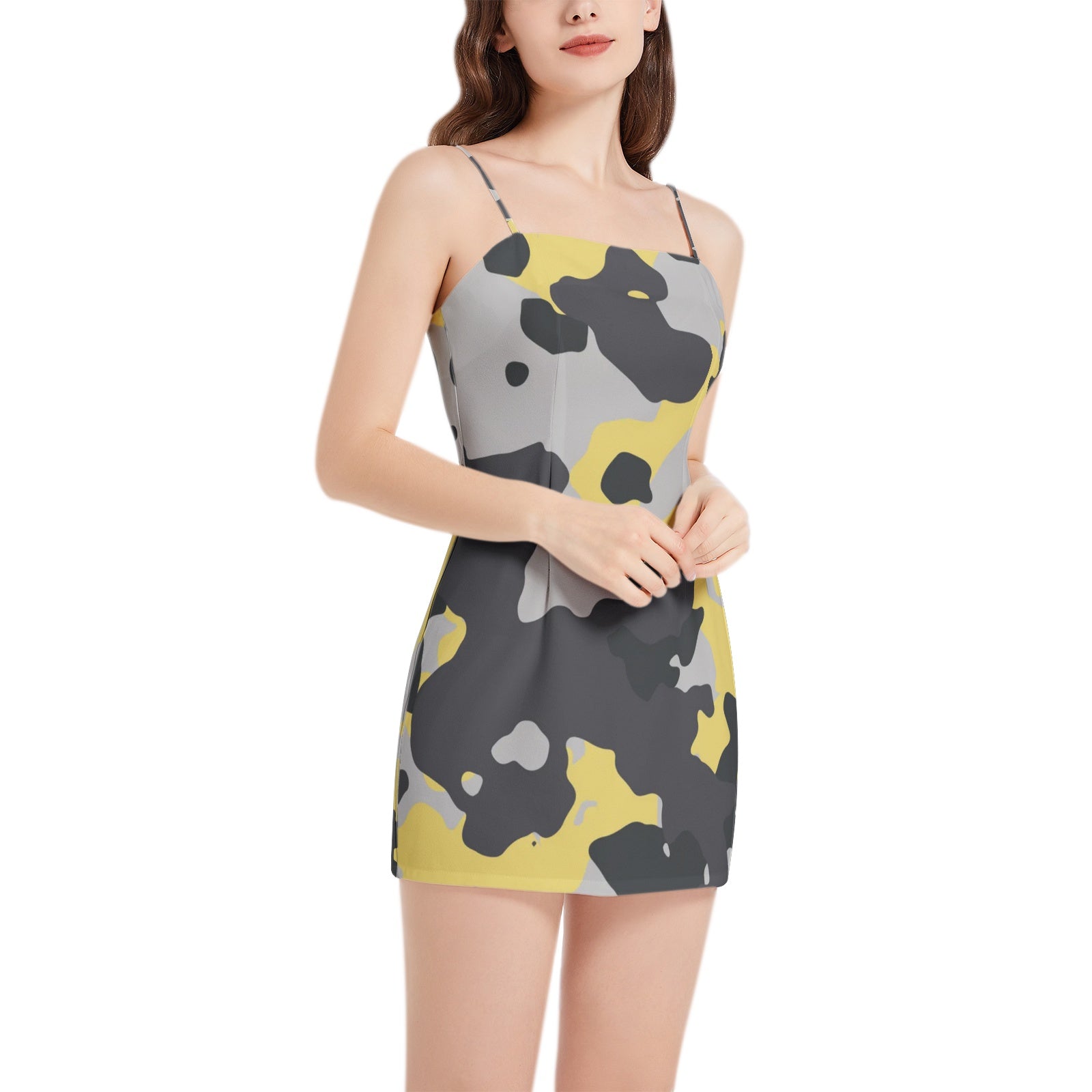 Camo Mini Dress | Spaghetti Strap | Yellow, Black, and Silver