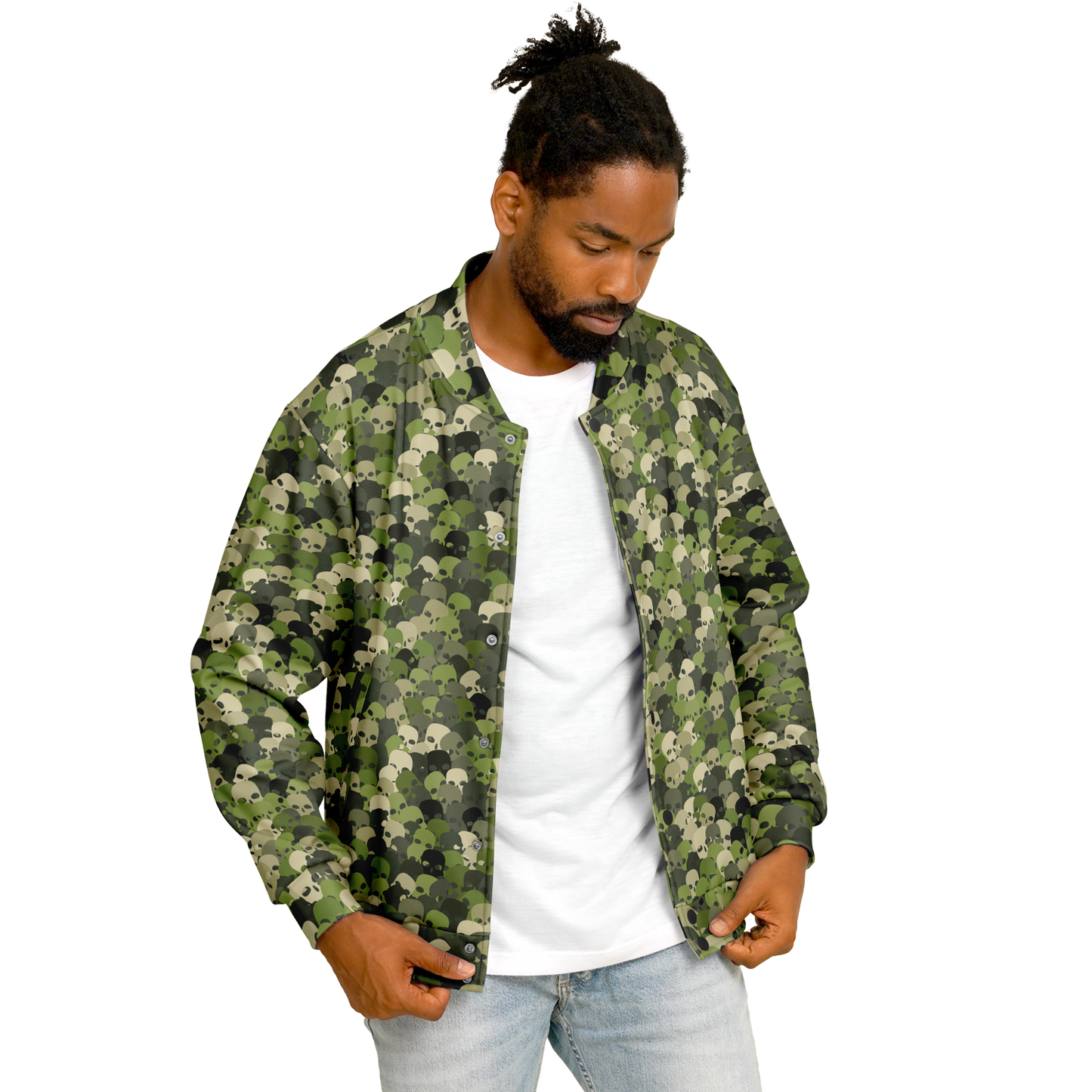 Baseball Jacket in Green, Olive, & Beige Skulls Camo Print