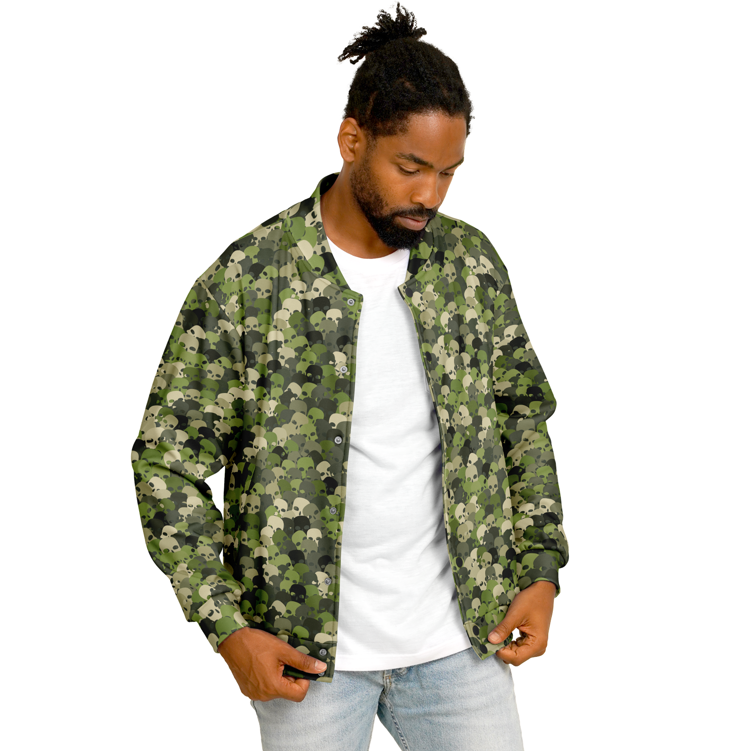 Baseball Jacket in Green, Olive, & Beige Skulls Camo Print