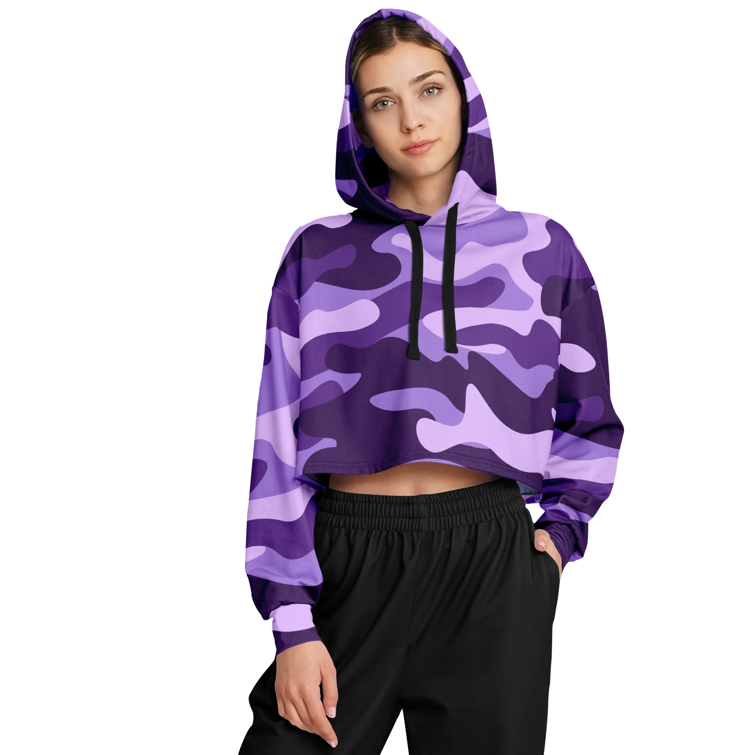 Cropped Hoodie For Women | Purple, Blue & Mauve Camouflage