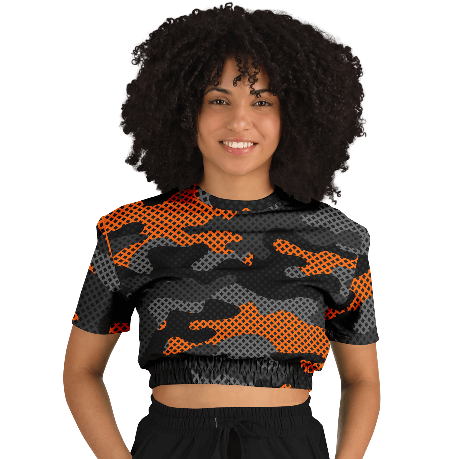 Camo Crop Top Sweatshirt | Black & Orange Pixel Pattern