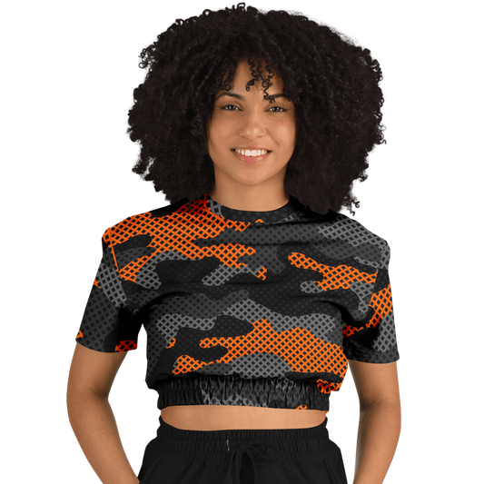 Camo Crop Top Sweatshirt | Black & Orange Pixel Pattern