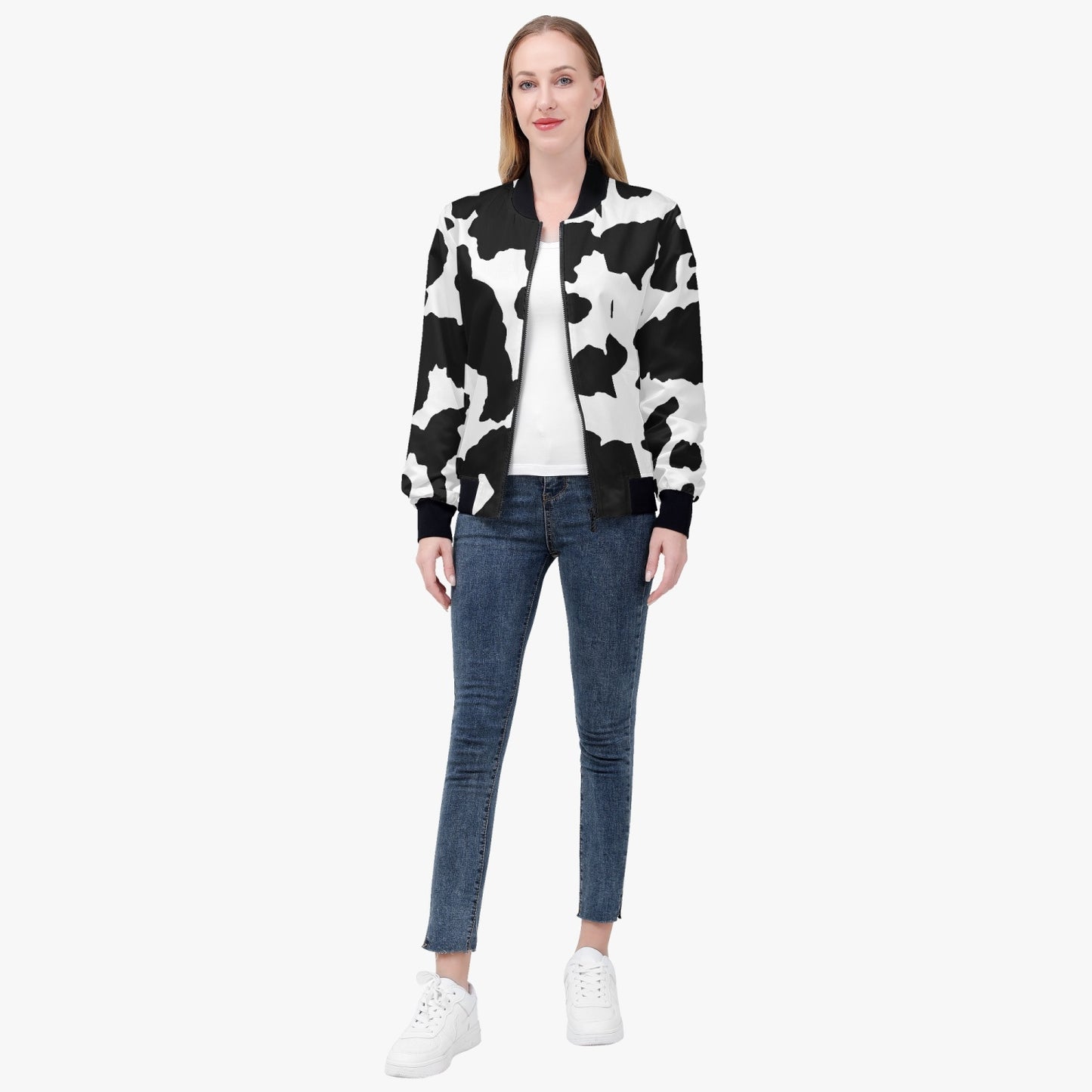 Women's Camo Bomber Jacket | Black and White Cow Print