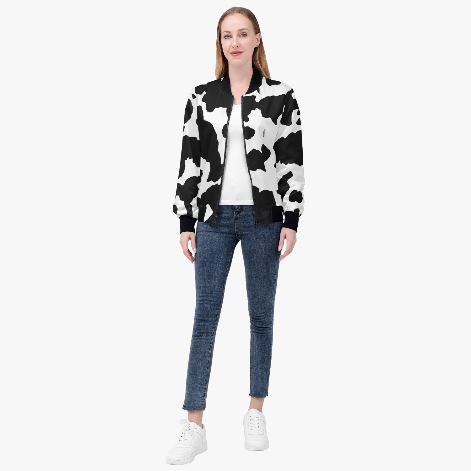 Women's Camo Bomber Jacket | Black and White Cow Print