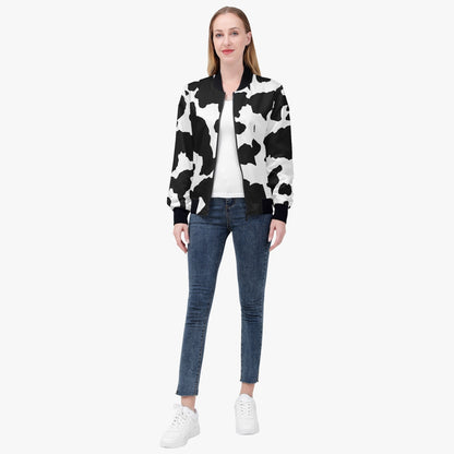 Women's Camo Bomber Jacket | Black and White Cow Print