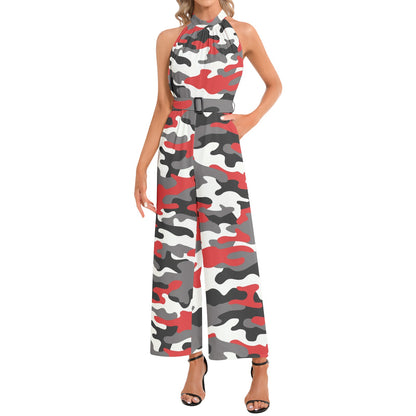 Camo Jumpsuit | Belted Halter Neck | Red, Black, and White