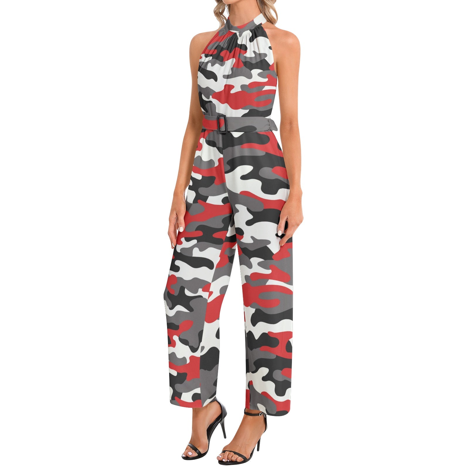 Camo Jumpsuit | Belted Halter Neck | Red, Black, and White