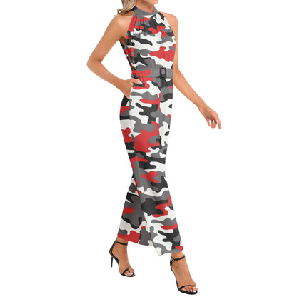 Camo Jumpsuit | Belted Halter Neck | Red, Black, and White