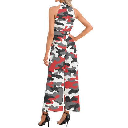 Camo Jumpsuit | Belted Halter Neck | Red, Black, and White