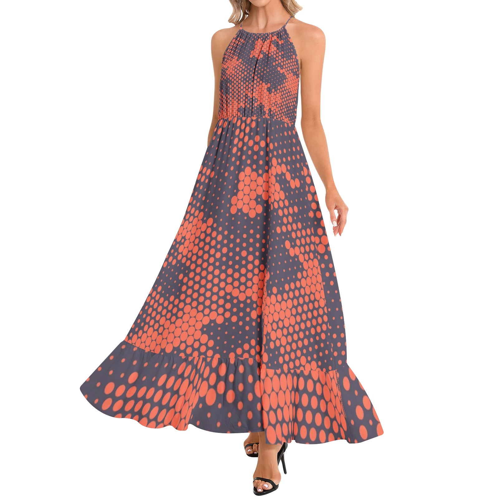 Camo Maxi Dress | Digital Orange and Blue Camouflage | Ruffle Hem