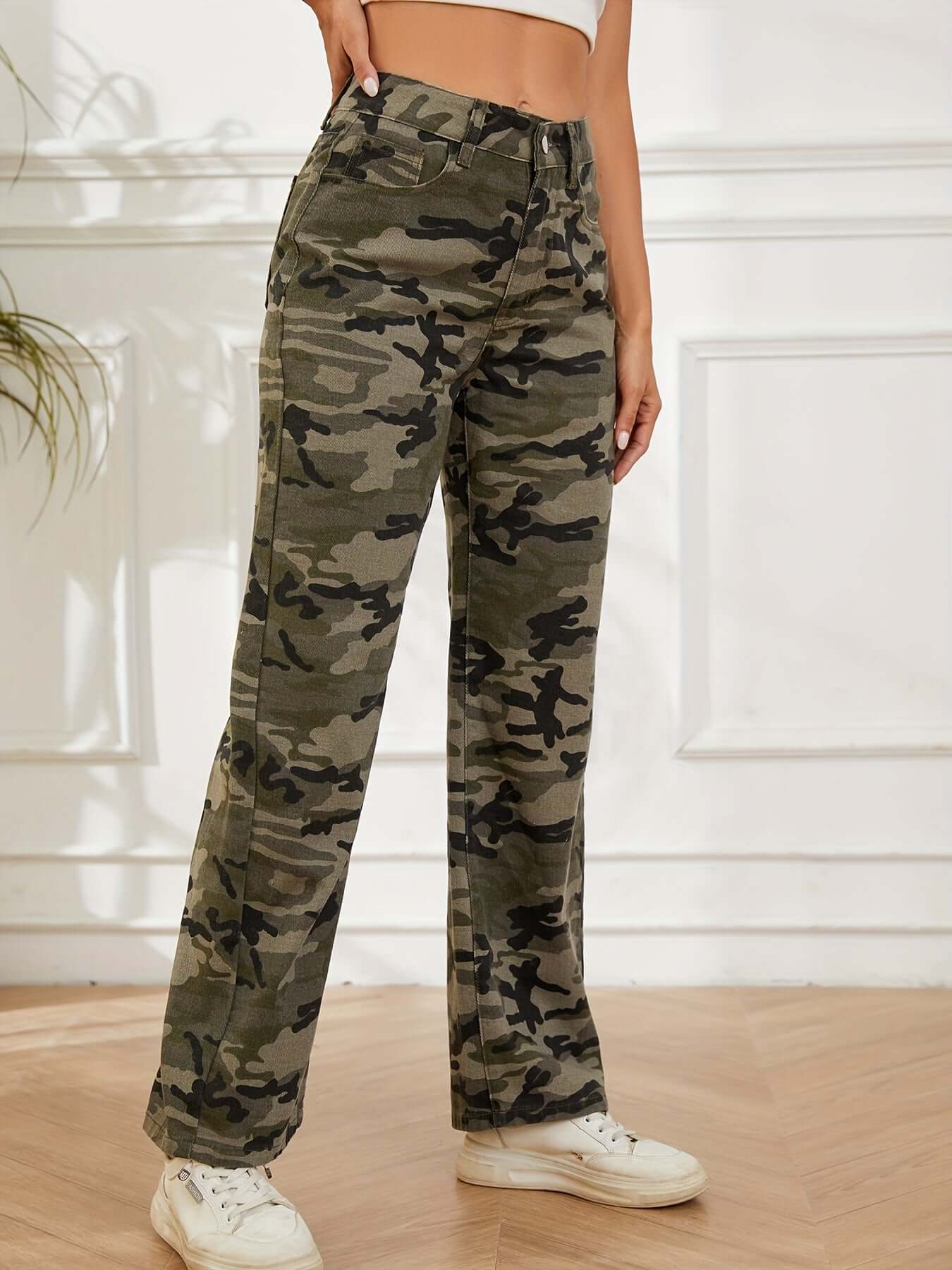 Camo Straight Leg Denim Pants | High Waist Military Casual Wide Leg Jeans