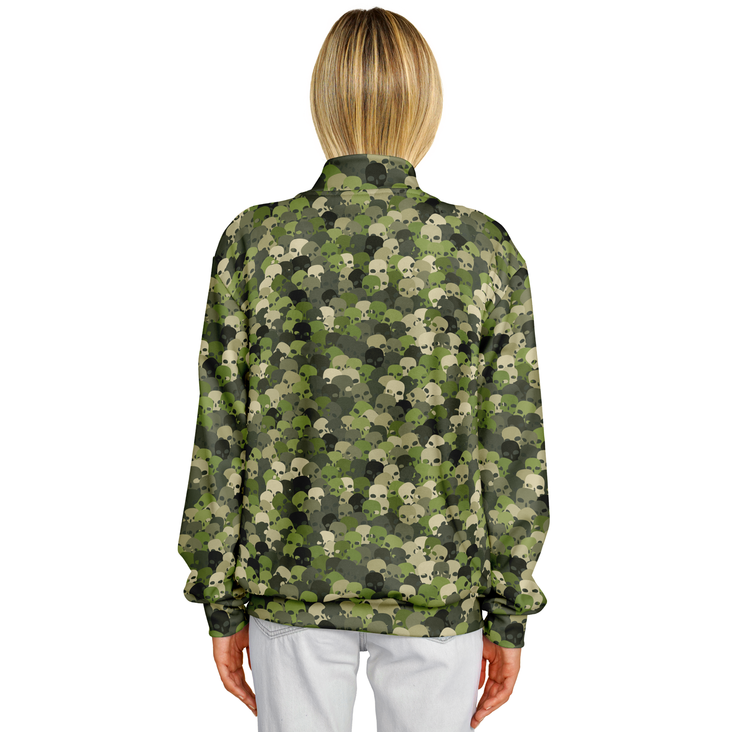 Baseball Jacket in Green, Olive, & Beige Skulls Camo Print